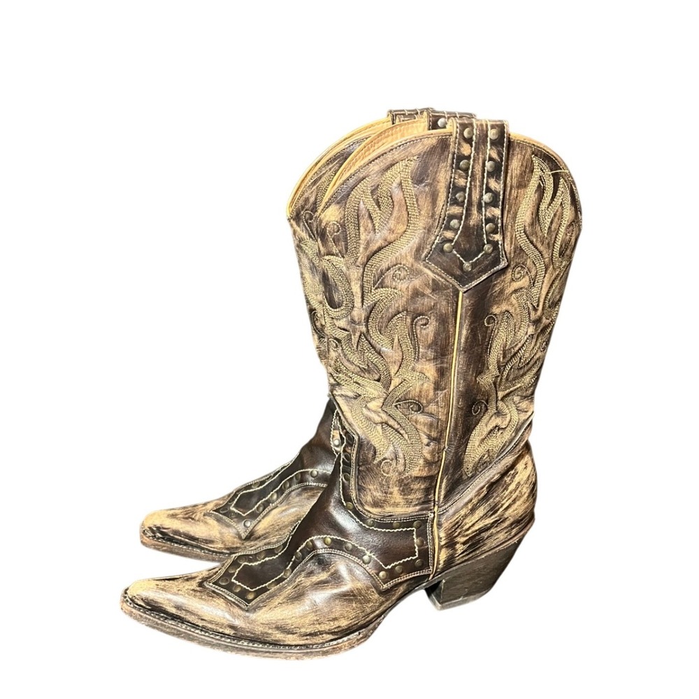 Stetson Cowboy Boots Women 10 Brown Distressed Leather Snip Toe Studded